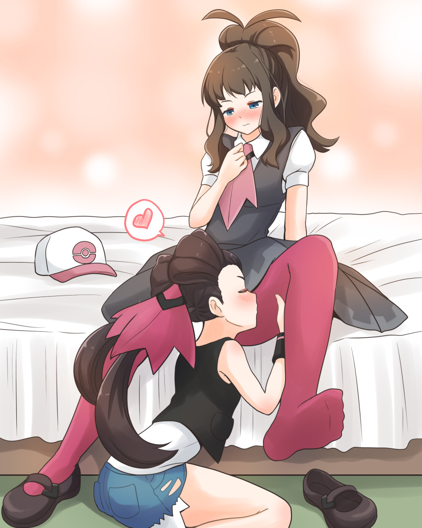 2girls absurdres bed blue_eyes blush brown_footwear closed_eyes collared_shirt commentary_request cosplay costume_switch dress facing_another grey_dress hat hat_removed headwear_removed heart high_ponytail highres hilda_(pokemon) hilda_(pokemon)_(cosplay) kissing_thigh kurosawa_karura long_hair looking_at_another looking_down low_twintails multiple_girls pantyhose pokemon pokemon_(game) pokemon_bw pokemon_rse puffy_short_sleeves puffy_sleeves red_pantyhose roxanne_(pokemon) roxanne_(pokemon)_(cosplay) shirt shoe_removed shoes short_shorts short_sleeves shorts single_shoe sitting sleeveless sleeveless_shirt spoken_heart twintails white_shirt yuri