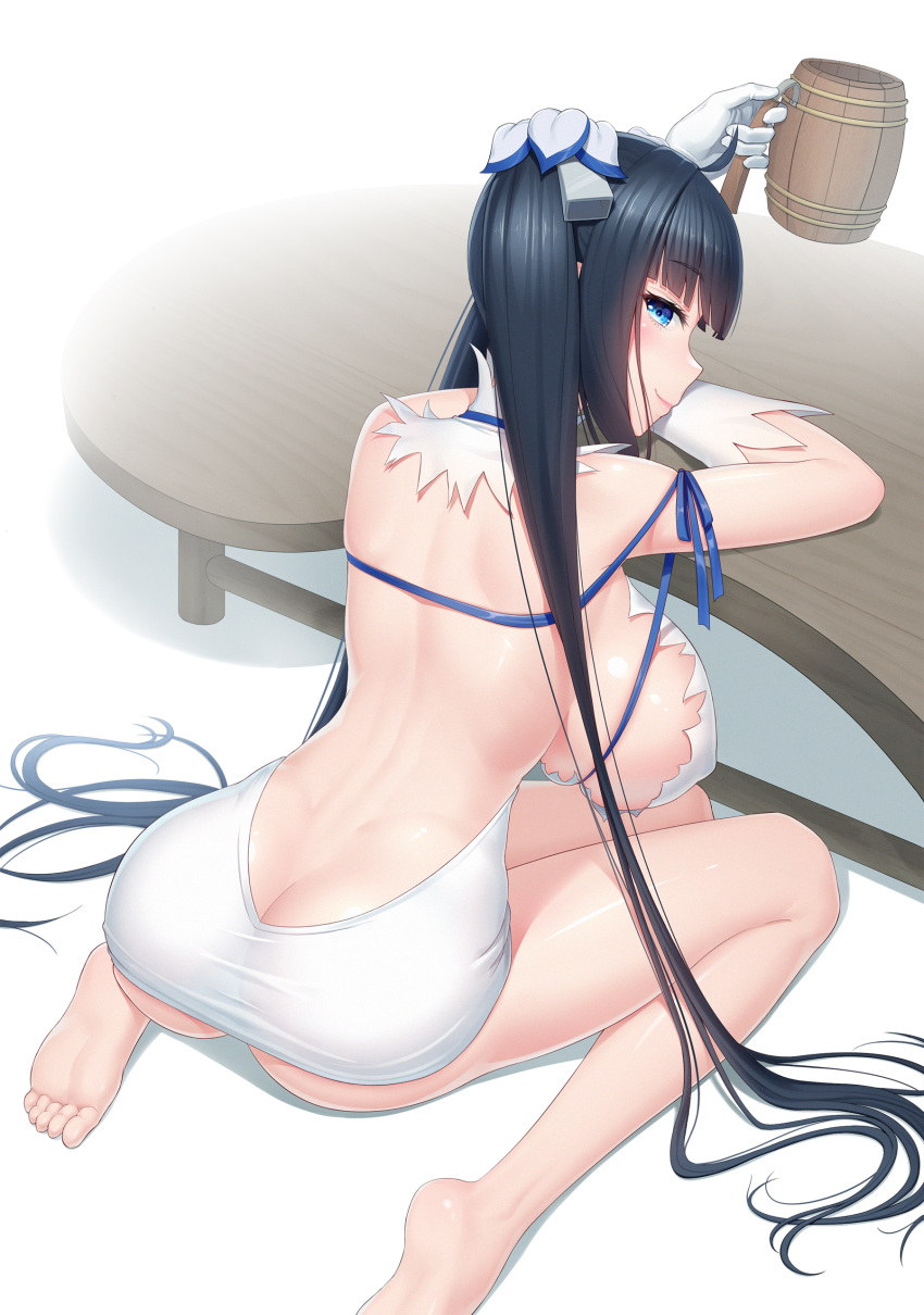1girl absurdres anarchojs arm_ribbon ass back backless_dress backless_outfit bangs bare_legs bare_shoulders barefoot bell black_hair blue_eyes blue_ribbon blunt_bangs blush breasts butt_crack closed_mouth covered_nipples cup deep_skin dress drunk dungeon_ni_deai_wo_motomeru_no_wa_machigatteiru_darou_ka from_above from_behind gloves hair_bell hair_ornament hanging_breasts head_rest hestia_(danmachi) highres holding holding_cup impossible_clothes impossible_dress large_breasts leaning_forward leaning_on_table long_hair looking_at_viewer looking_back mug pencil_dress profile rei_no_himo ribbon see-through short_dress shoulder_blades sideboob sidelocks sitting smile soles solo table toes twintails very_long_hair wariza white_dress white_gloves