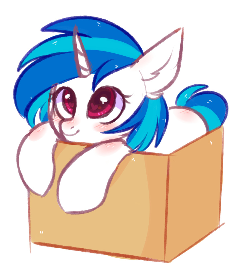 &lt;3 &lt;3_eyes 2018 blue_hair blue_tail blush box container digital_media_(artwork) equid equine eyelashes female feral friendship_is_magic fur hair hasbro hi_res horn mammal my_little_pony pesty_skillengton pink_eyes simple_background smile solo unicorn vinyl_scratch_(mlp) white_background white_body white_fur