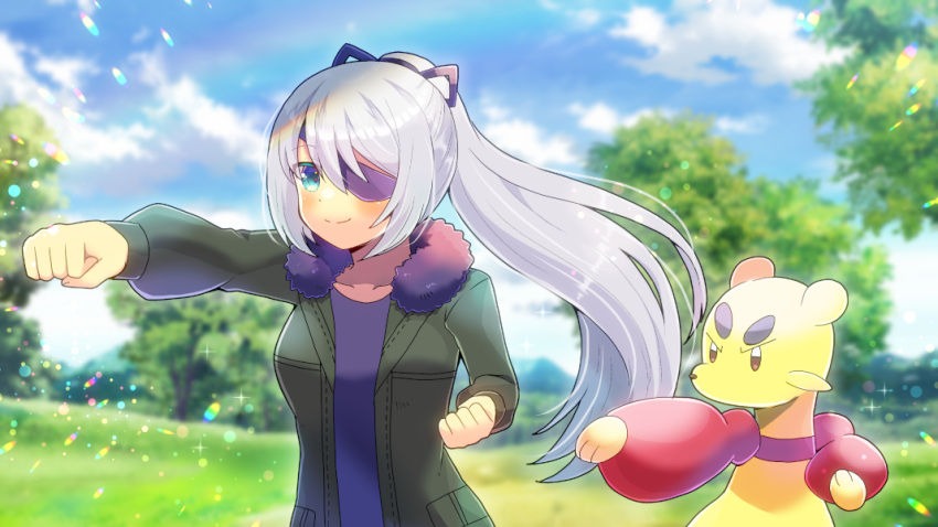 1girl bangs black_shirt blue_eyes blue_sky blurry blurry_background clenched_hands closed_mouth cloud commission day depth_of_field eyepatch fur-trimmed_jacket fur_trim green_jacket grey_hair hair_between_eyes jacket kou_hiyoyo long_hair long_sleeves mienfoo open_clothes open_jacket original outdoors outstretched_arm pokemon pokemon_(creature) ponytail puffy_long_sleeves puffy_sleeves shirt skeb_commission sky smile standing v-shaped_eyebrows very_long_hair