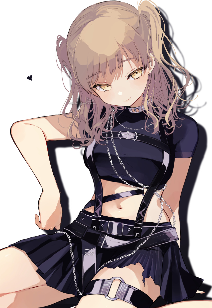 1girl absurdres bangs black_shirt black_skirt breasts brown_eyes brown_hair closed_mouth crop_top heart highres long_hair looking_at_viewer medium_breasts midriff navel nijisanji pleated_skirt shadow shirt short_sleeves sister_cleaire skirt smile sofra solo two_side_up virtual_youtuber white_background