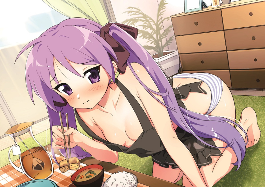 1girl ahoge apron arm_support bangs bare_shoulders barefoot black_apron blue_panties blush bow breasts bright_pupils brown_bow butt_crack chopsticks closed_mouth collarbone curtains drawer dutch_angle flipped_hair food framed_image frilled_apron frills furrowed_brow green_curtains hair_between_eyes hair_bow hair_ornament hiiragi_kagami holding holding_chopsticks holding_food hotaru_iori iced_tea ichimi_renge indoors kneeling long_hair looking_at_viewer lucky_star miso_soup naked_apron no_bra off_shoulder panties plant purple_eyes purple_hair rice second-party_source sidelocks sliding_doors small_breasts solo striped striped_panties table tsurime twintails underwear very_long_hair wavy_mouth