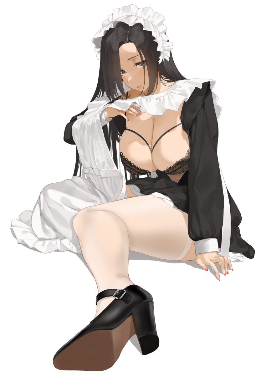 1girl apron apron_lift black_bra black_dress black_hair bra breasts cleavage clothes_pull dress dress_pull full_body grey_eyes high_heels highres lace-trimmed_bra lace_trim large_breasts lifted_by_self lingerie long_hair long_sleeves looking_at_viewer maid maid_apron maid_headdress original red_nails sitting solo thighhighs throtem underwear white_thighhighs