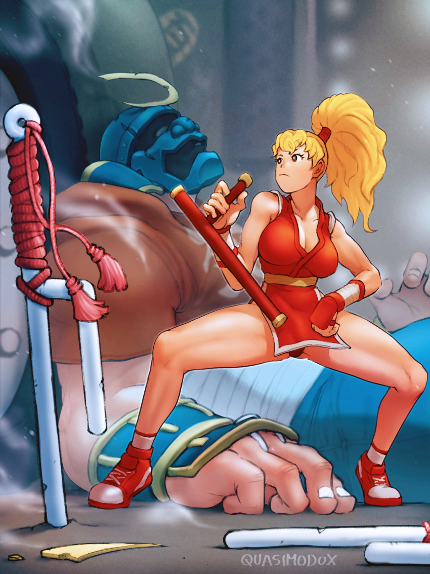 1boy 1girl armor black_eyes blonde_hair breasts capcom capcom_vs_snk_2 cleavage closed_mouth defeat final_fight full_body genryuusai_maki giant helmet highres holding holding_weapon image_sample japanese_armor kabuto_(helmet) lying menpoo ninja on_back panties planted ponytail quasimodox red_footwear red_panties shoes sneakers sodom standing street_fighter street_fighter_zero_(series) tonfa twitter_sample underwear weapon