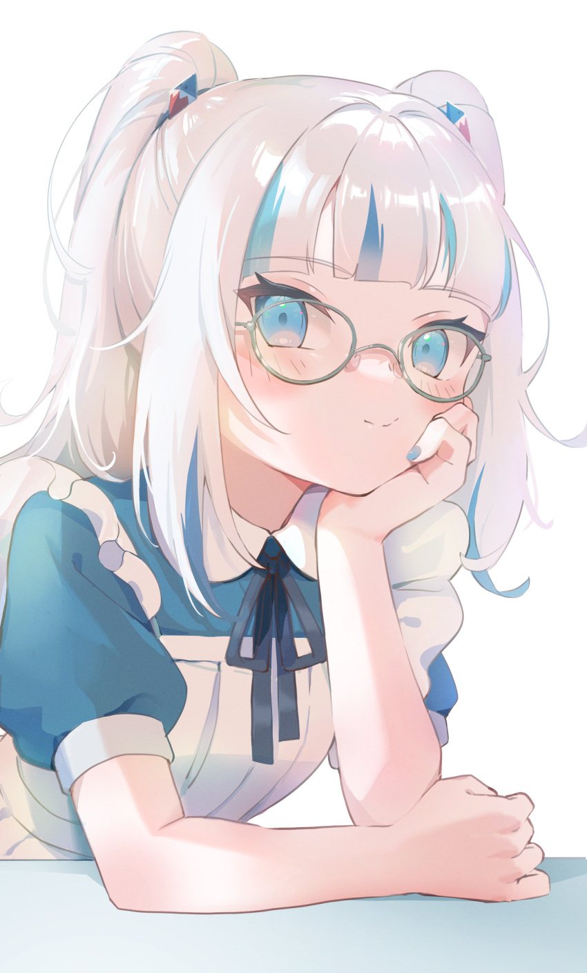 1girl absurdres apron bangs blue_eyes blue_hair blue_nails blue_shirt blunt_bangs closed_mouth gaogao_(gaogaomegu) gawr_gura glasses highres hololive hololive_english leaning_forward looking_at_viewer multicolored_hair nail puffy_short_sleeves puffy_sleeves shirt short_sleeves smile solo streaked_hair two_side_up upper_body virtual_youtuber white_apron white_hair