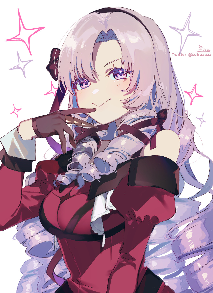 1girl absurdres bangs bare_shoulders black_gloves black_hairband black_ribbon bow breasts dress drill_hair finger_to_mouth gloves hair_bow hair_ribbon hairband highres hyakumantenbara_salome large_breasts light_purple_hair long_hair long_sleeves looking_at_viewer nijisanji off-shoulder_dress off_shoulder parted_bangs puffy_long_sleeves puffy_sleeves purple_dress purple_eyes ribbon simple_background smile sofra solo sparkle very_long_hair virtual_youtuber white_background