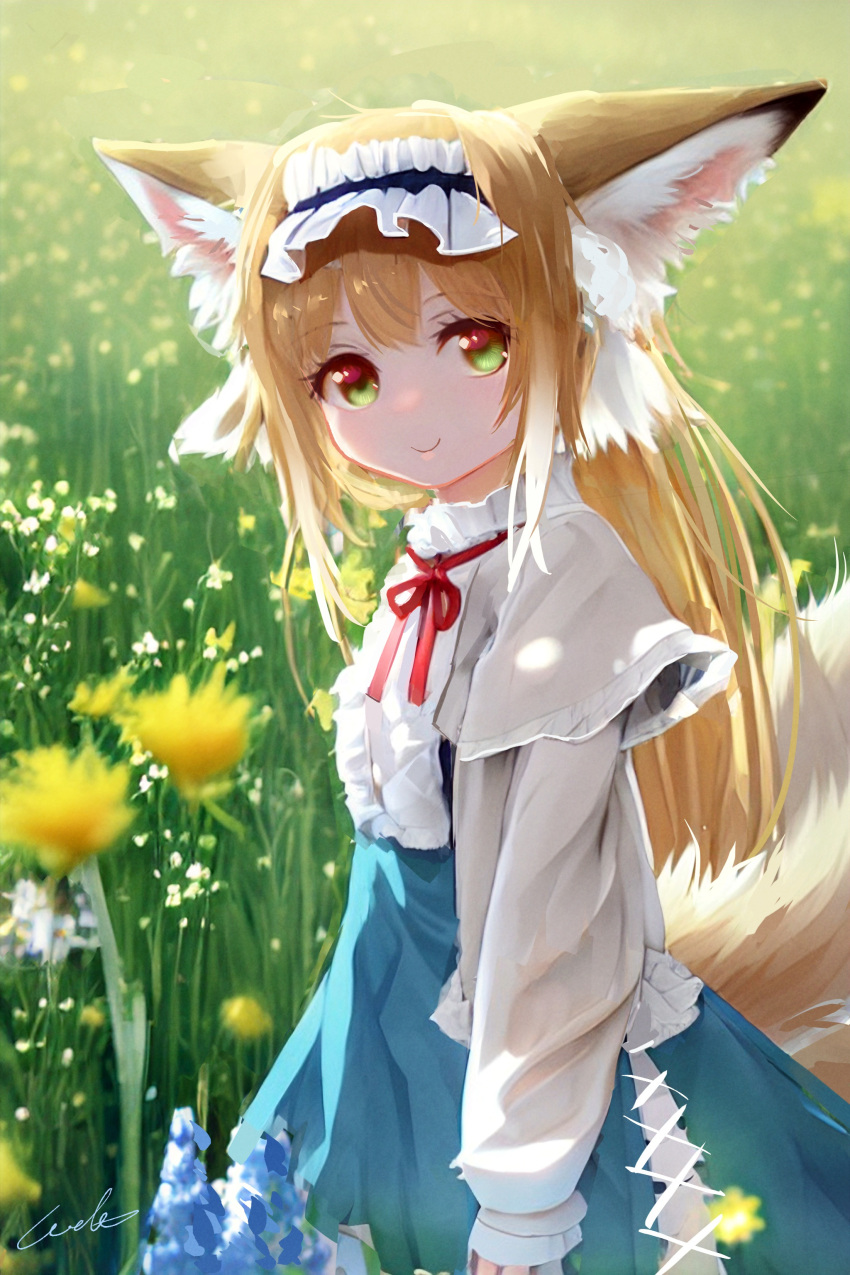 1girl absurdres animal_ears arknights bangs blue_skirt closed_mouth cowboy_shot day flower fox_ears fox_girl fox_tail frilled_shirt frills from_side grass green_eyes grey_jacket hairband highres jacket lolita_hairband long_sleeves looking_at_viewer looking_to_the_side multiple_tails neck_ribbon official_alternate_costume open_clothes open_jacket outdoors red_ribbon ribbon shirt signature skirt smile solo suzuran_(arknights) suzuran_(spring_praise)_(arknights) tail welt_(kinsei_koutenkyoku) white_shirt yellow_flower