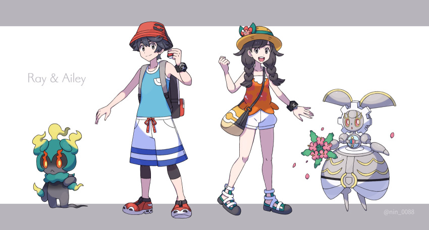 1boy 1girl bag banned_artist black_hair blue_shirt bracelet braid character_name clenched_hand closed_mouth commentary_request elio_(pokemon) flower hand_up hat hat_flower highres holding holding_poke_ball jewelry leggings magearna marshadow nin_(female) orange_shirt poke_ball poke_ball_(basic) pokemon pokemon_(creature) pokemon_(game) pokemon_usum red_footwear red_headwear selene_(pokemon) shirt shoes short_hair shorts shoulder_bag sleeveless sleeveless_shirt smile standing twin_braids white_shorts z-ring