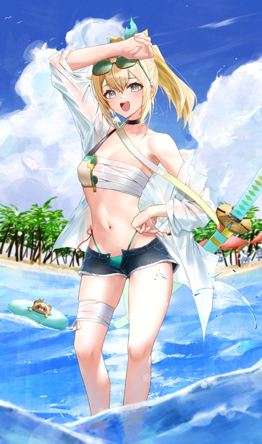 :d absurdres aqua_eyes arm_up bandaged_leg bandages beach beach_umbrella bikini bikini_under_clothes bird black_choker blue_sky breasts chest_sarashi choker cloud day denim denim_shorts eyewear_on_head feet_out_of_frame green_bikini highres hololive innertube katana kazama_iroha navel ocean off_shoulder open_fly outdoors palm_tree pokobee pony sarashi sheath sheathed shirt short_shorts shorts sidelocks sky small_breasts smile solo_focus stomach strap sunglasses swimsuit sword thighs toi1et_paper tree umbrella virtual_youtuber wading water weapon wet white_shirt