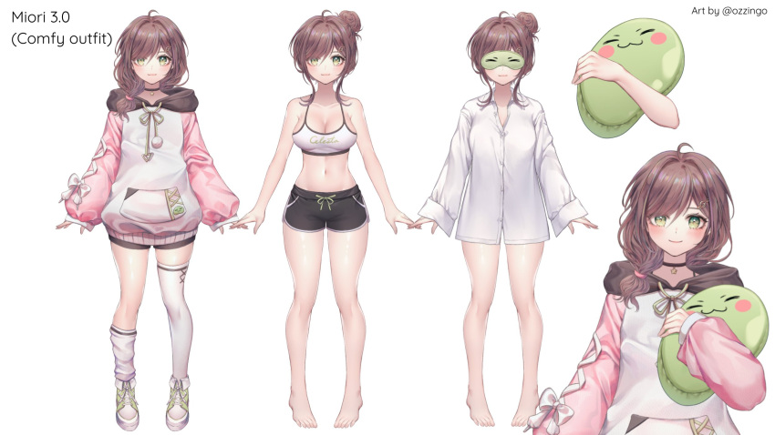bangs black_choker black_shorts brown_hair choker collared_shirt english_commentary gym_shorts hair_bun highres holding holding_pillow hood hoodie indie_virtual_youtuber medium_hair miori_celesta mogu_(miori_celesta) navel no_pants official_art ozzingo pillow second-party_source shirt shorts skindentation sleep_mask sleeves_past_wrists smile sports_bra stomach themed_object thighhighs twitter_username white_background white_hoodie white_shirt white_sports_bra white_thighhighs