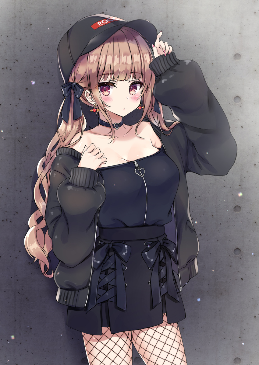 1girl absurdres bangs baseball_cap black_bow black_choker black_headwear black_jacket black_shirt black_skirt blush bow breasts brown_hair choker cleavage closed_mouth collarbone earrings fishnet_pantyhose fishnets hair_bow hat heart heart_earrings highres honoka_chiffon jacket jewelry long_hair long_sleeves medium_breasts off_shoulder open_clothes open_jacket original pantyhose puffy_long_sleeves puffy_sleeves red_eyes shirt skirt sleeves_past_wrists solo strapless strapless_shirt twintails very_long_hair