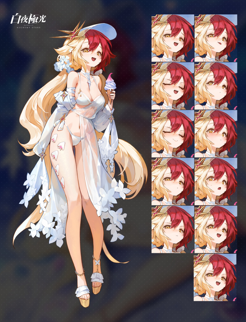 +_+ 1girl absurdres agoto alchemy_stars bangs bare_shoulders beanie bikini blonde_hair breasts full_body gronru_(alchemy_stars) hair_between_eyes hat highres holding holding_ice_cream long_hair medium_breasts multicolored_hair navel open_mouth red_hair shell shoes side-tie_bikini_bottom sleeves_past_wrists smile solo standing swimsuit thighs two-tone_hair white_bikini yellow_eyes