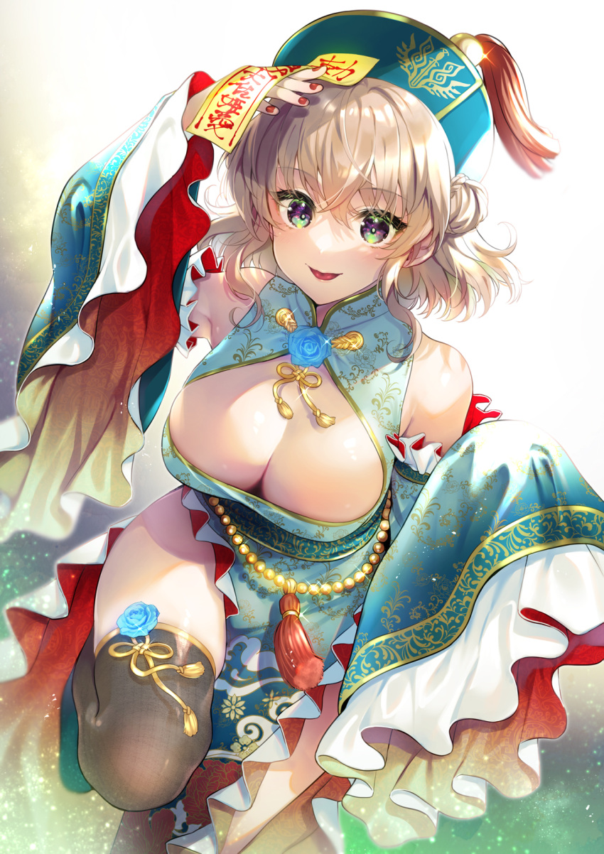 1girl bangs bare_shoulders beads blush breasts brown_thighhighs china_dress chinese_clothes chinese_knot cleavage clothing_cutout detached_sleeves dress frilled_sleeves frills green_dress green_eyes hair_between_eyes hair_bun hat highres jiangshi large_breasts light_brown_hair long_sleeves looking_at_viewer nail_polish natalia_luzu_kimlasca_lanvaldear_(beloved_princess) ofuda parted_lips pelvic_curtain qing_guanmao red_nails short_hair shuragyoku_mami side_slit sidelocks sleeves_past_fingers sleeves_past_wrists smile solo tales_of_(series) tales_of_the_abyss tassel thighhighs tongue tongue_out wide_sleeves