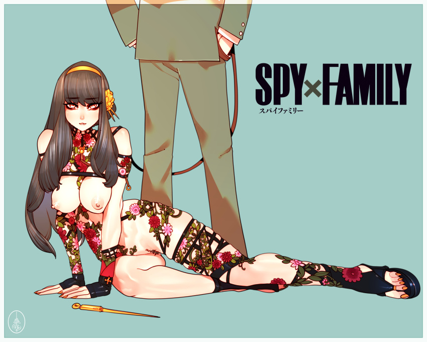 1boy 1girl absurdres black_hair breasts cheunchin hairband hand_in_pocket highres holding holding_leash large_breasts leash lying nipples nude pubic_hair red_eyes skindentation spy_x_family standing thigh_strap twilight_(spy_x_family) yor_briar