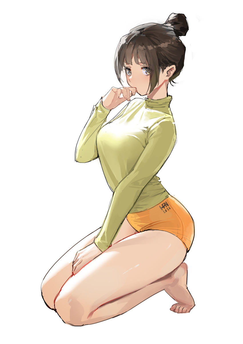 1girl bangs barefoot breasts brown_eyes brown_hair chinese_commentary commentary_request fingernails from_side full_body green_shirt hair_bun han-0v0 highres legs long_sleeves looking_at_viewer medium_hair orange_shorts original shirt short_shorts shorts simple_background sitting solo turtleneck white_background