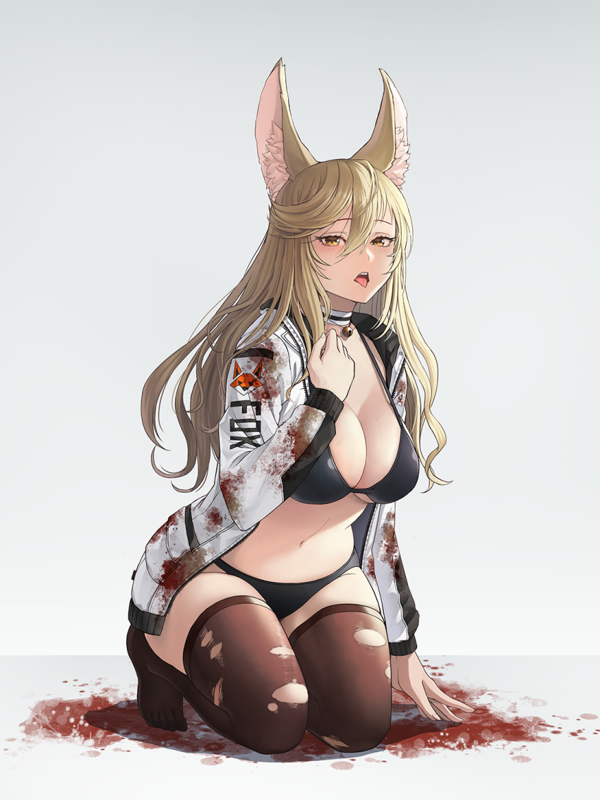 1girl animal_ears bell bikini black_bikini blonde_hair blood blood_stain breasts brown_thighhighs choker cleavage fox_ears hair_between_eyes halterneck highres jacket jchoy jingle_bell kneeling large_breasts long_hair long_sleeves looking_at_viewer navel no_shoes open_clothes open_jacket open_mouth original solo stomach strap_gap string_bikini swimsuit thighhighs tongue tongue_out torn_clothes torn_legwear torn_thighhighs white_choker white_jacket yellow_eyes