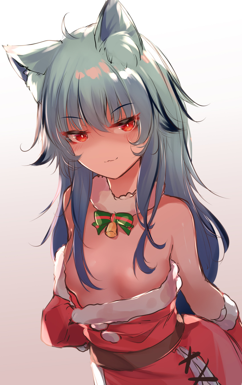 1girl :3 absurdres ahoge animal_ear_fluff animal_ears bare_shoulders bell blue_hair blush bow bowtie breasts christmas clothes_pull convenient_censoring dress dress_pull fur_trim gloves green_bow green_bowtie hair_censor hair_flaps hat highres kana616 kana_(kana616) naughty_face neck_bell original red_dress red_eyes red_gloves santa_costume santa_dress santa_gloves santa_hat seductive_smile sleeveless sleeveless_dress small_breasts smile solo strapless strapless_dress white_background