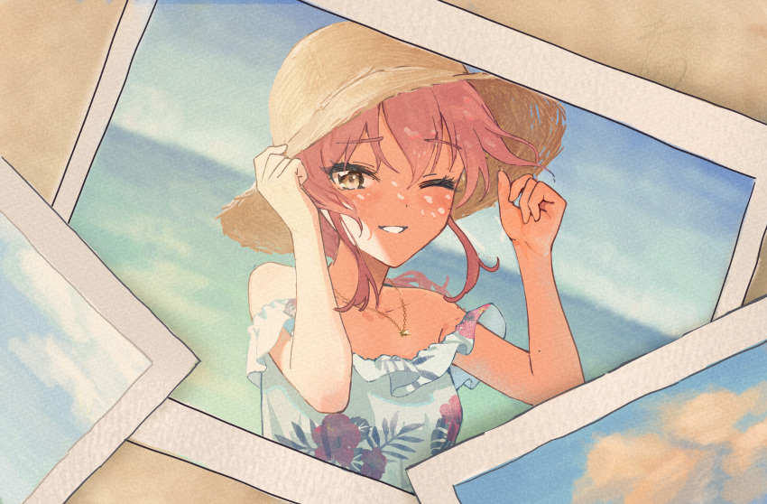 1girl ;d absurdres blush collarbone dress floral_print grin hand_on_headwear hat highres horizon idolmaster idolmaster_cinderella_girls jewelry jougasaki_mika necklace off-shoulder_dress off_shoulder one_eye_closed ookami_mio outdoors photo_(object) pink_hair shikishiyou smile solo straw_hat upper_body