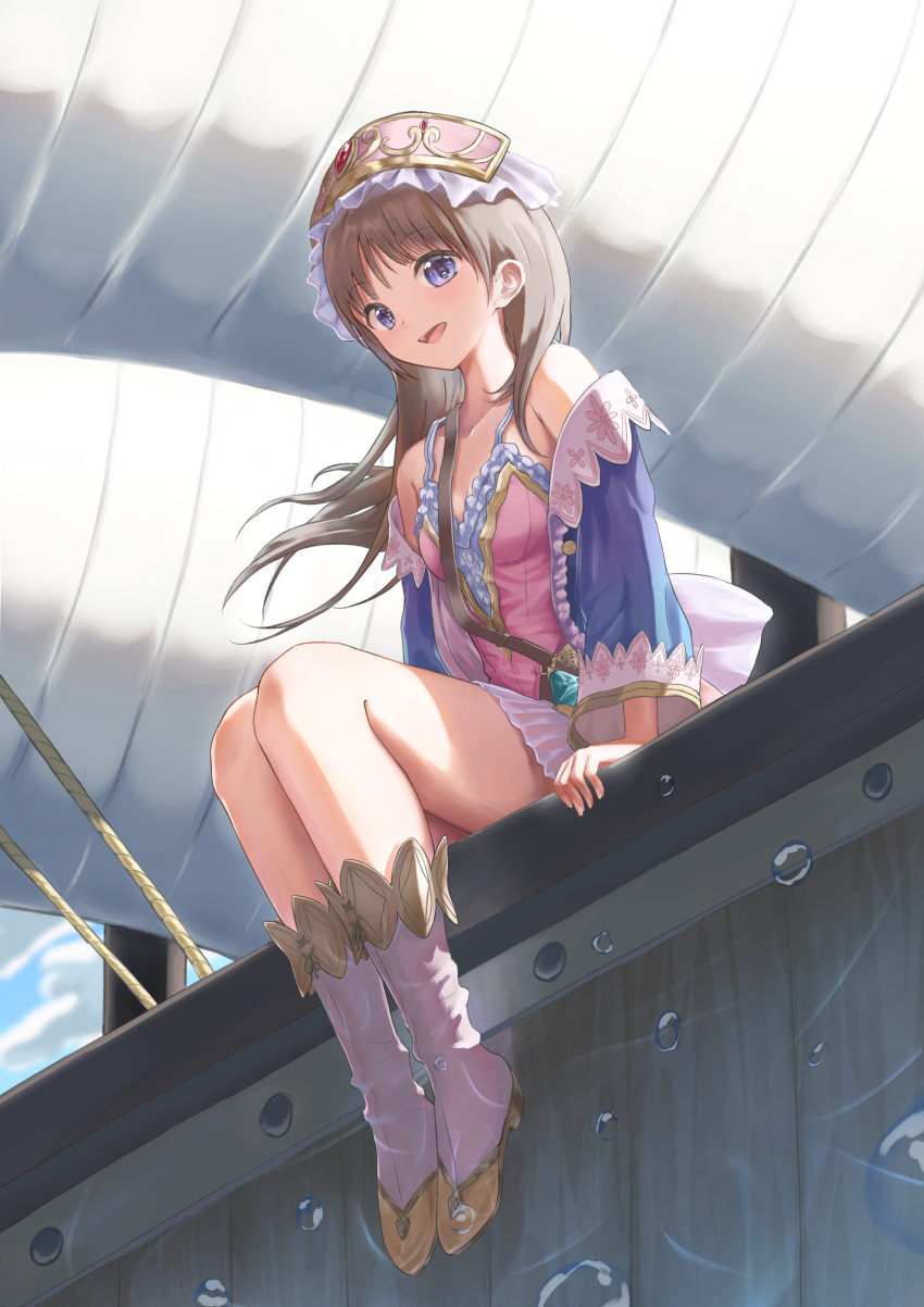 1girl :d absurdres atelier_(series) atelier_totori atyao-299 bangs blue_eyes blue_sleeves brown_hair floating_hair from_below full_body highres long_hair long_sleeves miniskirt open_mouth pink_shirt pleated_skirt shiny shiny_hair shirt sitting skirt sleeveless sleeveless_shirt smile solo totooria_helmold white_skirt