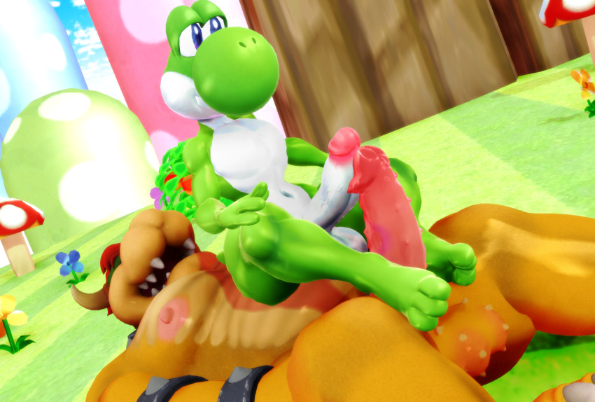 3_toes 3d_(artwork) anthro balls barefoot bowser digital_media_(artwork) dinosaur feet foot_fetish foot_play footjob frottage genitals green_yoshi hi_res koopa male male/male malicekira mario_bros mmd muscular muscular_male nintendo nude penis reptile scalie sex spiked_balls spiked_penis spikes spikes_(anatomy) toes video_games yoshi