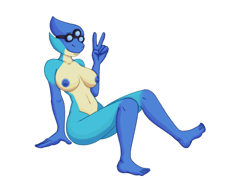 2018 3_eyes 5_fingers 5_toes alien alpha_channel anthro areola big_breasts blue_areola blue_body blue_nipples breasts crossgender digital_media_(artwork) erect_nipples eyewear eyewear_only feet female fingers gesture gloves_(marking) goggles goggles_only humanoid_feet humanoid_hands hylotl koichi_(starbound) leg_markings markings mostly_nude multi_eye multicolored_body navel nipples notanactualpenguin nude pinup plantigrade pose simple_background sitting socks_(marking) solo starbound tan_body toes transparent_background two_tone_body v_sign video_games
