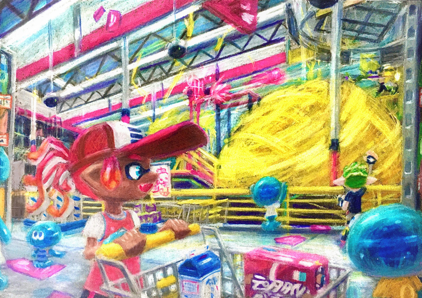 1boy 1girl :d absurdres arm_up baseball_cap blue_eyes blue_wristband bobthecolored booyah_bomb_(splatoon) cereal_box cheering clenched_hand colored_pencil_(medium) dark-skinned_female dark_skin fang gradient_hair green_hair hat highres indoors inkjet_(splatoon) inkling inkling_boy inkling_girl jellyfish_(splatoon) makomart milk_carton multicolored_hair orange_hair pink_hair pink_vest pointy_ears ponytail shirt shop shopping_cart short_sleeves single_horizontal_stripe smile splatoon_(series) tentacle_hair traditional_media two-tone_hair vest watching white_shirt wristband