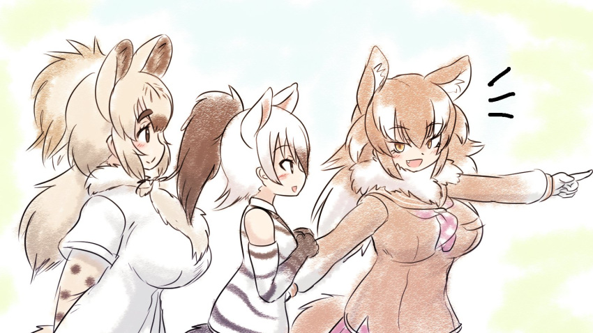 3girls aardwolf_(kemono_friends) aardwolf_ears aardwolf_girl aardwolf_print aardwolf_tail animal_ears animal_print bangs bare_shoulders black_hair breast_pocket brown_hair closed_mouth elbow_gloves empty_eyes extra_ears fang from_side fur_collar fur_scarf gloves height_difference high_ponytail highres hyena_ears hyena_girl hyena_tail japanese_wolf_(kemono_friends) kemono_friends layered_sleeves long_hair long_sleeves looking_afar looking_at_another mo23 multicolored_hair multiple_girls neckerchief open_mouth outstretched_arm plaid_neckerchief pocket pointing pointing_forward ponytail print_gloves print_shirt print_sleeves sailor_collar scarf shirt short_over_long_sleeves short_sleeves sidelocks sleeveless sleeveless_shirt smile spotted_hyena_(kemono_friends) tail two-tone_hair upper_body white_hair wolf_ears wolf_girl wolf_tail yellow_eyes