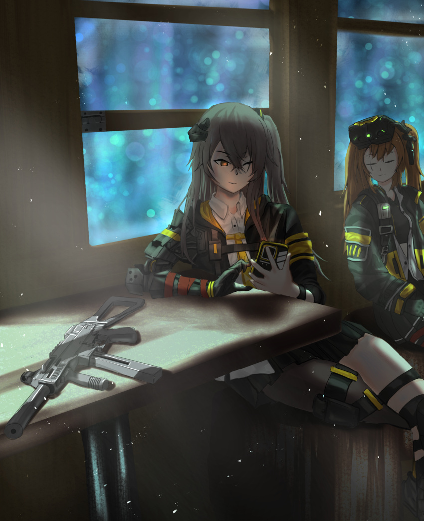 2girls absurdres bangs brown_eyes brown_hair closed_eyes closed_mouth commentary_request feet_out_of_frame girls'_frontline grey_hair gun h&amp;k_ump45 hair_between_eyes hair_ornament highres holding holding_phone jacket long_hair long_sleeves looking_at_phone mod3_(girls'_frontline) multiple_girls one_side_up panzerboy phone pleated_skirt scar scar_across_eye scar_on_face shirt single_leg_pantyhose sitting skirt sleeping smile twintails ump45_(girls'_frontline) ump9_(girls'_frontline) weapon white_shirt