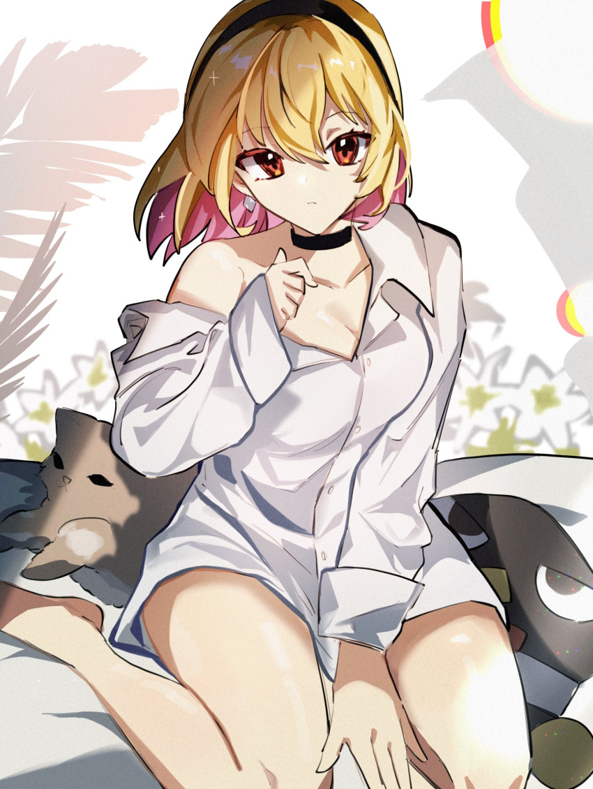 1girl ashizawa_saki black_choker black_hairband blonde_hair breasts brown_eyes choker cleavage collarbone collared_shirt colored_inner_hair earrings expressionless hairband highres jewelry jieli medium_breasts multicolored_hair off_shoulder pink_hair riot_music second-party_source shirt sitting sleeves_past_wrists solo stuffed_animal stuffed_toy virtual_youtuber wariza white_shirt