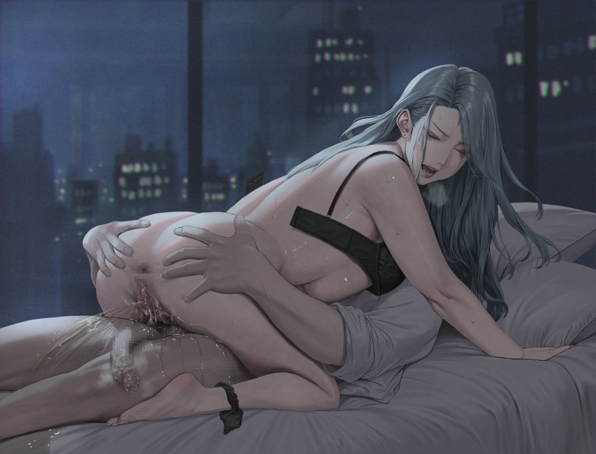 1boy 1girl after_sex anus ass black_bra black_panties bra breasts censored city closed_eyes cum cum_in_pussy faceless faceless_male feet flaccid girl_on_top grey_hair highres indoors jeneral legs long_hair mosaic_censoring night niijima_sae on_bed open_mouth panties panties_around_one_leg peeing penis persona persona_5 pussy sideboob spread_anus spread_pussy straddling underwear