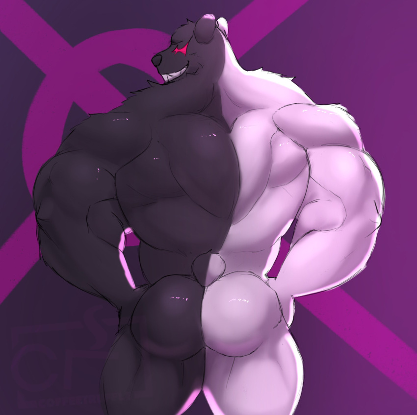 2021 anthro back_muscles biceps big_muscles black_body black_fur black_nose butt danganronpa digital_media_(artwork) fur genetic_chimerism grin hands_on_hips hi_res looking_at_viewer looking_back looking_back_at_viewer male mammal monokuma multicolored_body multicolored_fur muscular muscular_anthro muscular_male rear_view red_eyes sharp_teeth simple_background smile solo split_color teeth tuftbubble two_tone_body two_tone_fur ursid white_body white_fur