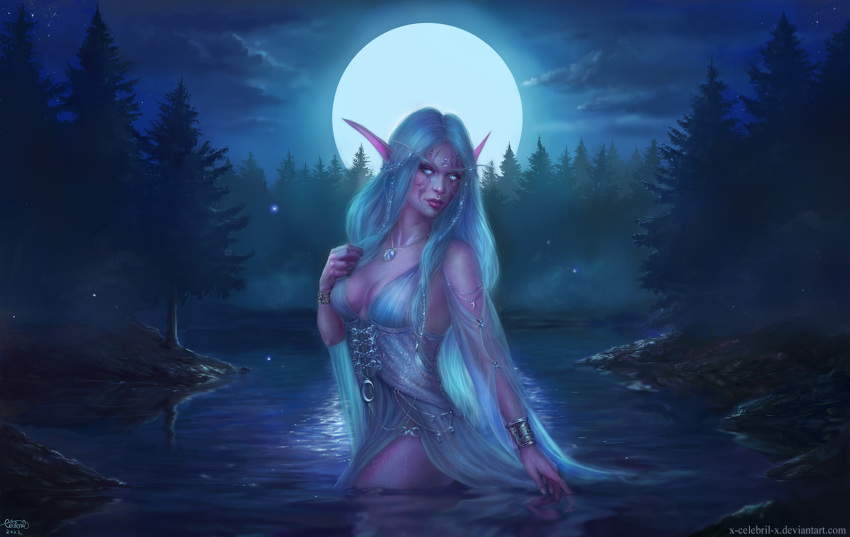 2022 blue_eyes blue_hair clothed clothing detailed_background digital_media_(artwork) dress elf eyebrows eyelashes forest hair hi_res humanoid moon night outside partially_submerged plant sky star starry_sky text tree url x-celebril-x