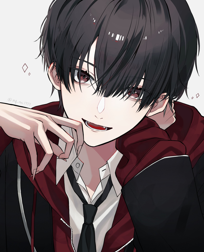 1boy absurdres artist_name bangs black_hair black_jacket black_necktie brown_eyes collared_shirt commentary_request eyelashes fangs fingernails hair_between_eyes hana_arare hands_up head_tilt highres hood hood_down hoodie jacket kuzuha_(nijisanji) long_fingernails long_sleeves looking_at_viewer male_focus necktie nijisanji open_clothes open_hoodie open_jacket open_mouth red_hoodie round_teeth sharp_fingernails shirt short_hair smile solo sparkle teeth tongue twitter_username upper_body virtual_youtuber white_background white_shirt zipper