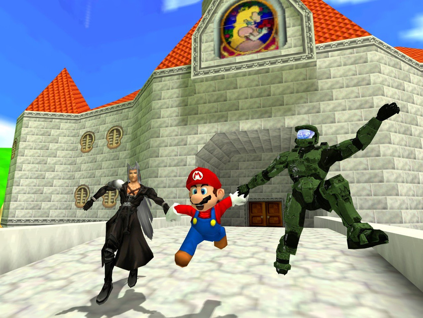 3boys castle crossover final_fantasy final_fantasy_vii gmod halo_(game) mario master_chief multiple_boys princess_peach sephiroth skipping super_mario super_mario_64 super_mario_bros. what