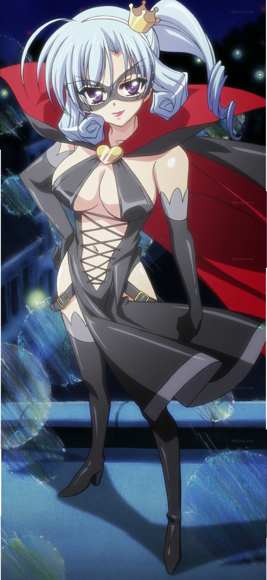 absurdres arsene bare_hips bare_shoulders belt boots breasts buckle cape crown hand_on_hip heart henriette_mystere high_heel_boots high_heels highres large_breasts latex lips mini_crown navel night no_bra pelvic_curtain purple_eyes revealing_clothes screencap sideboob silver_hair solo stitched tantei_opera_milky_holmes thigh_boots thighhighs third-party_edit tokyo_mx