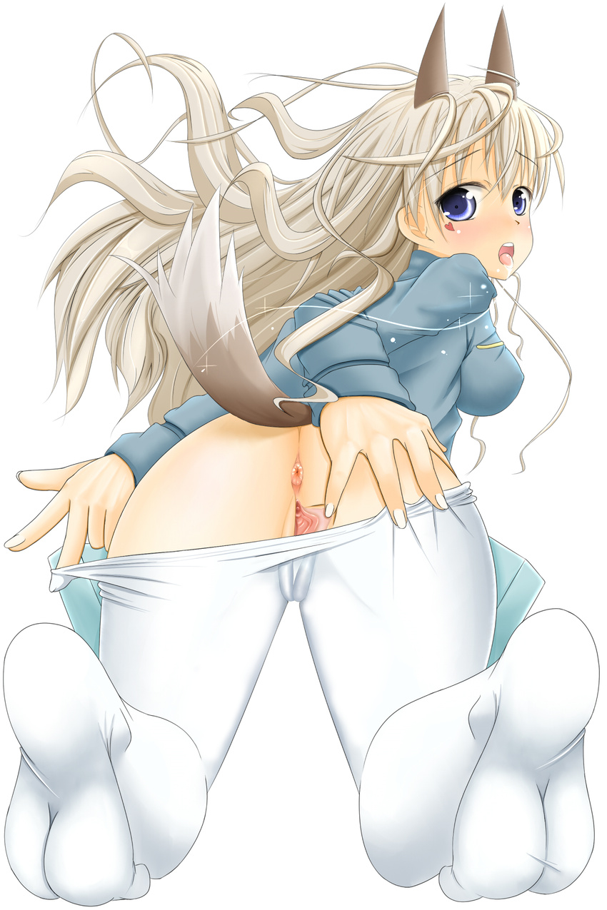 94plum animal_ears anus ass bad_id bad_pixiv_id blonde_hair blue_eyes blush eila_ilmatar_juutilainen feet highres long_hair looking_back open_mouth pantyhose pantyhose_pull pussy solo spread_pussy strike_witches tail uncensored undressing white_legwear world_witches_series