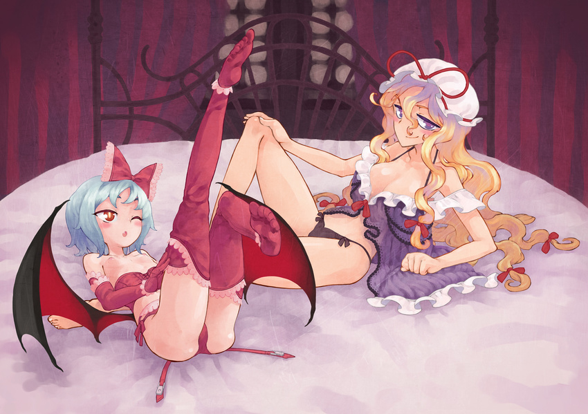 babydoll bat_wings bed blonde_hair blue_hair corset feet garter_straps hat highres lingerie long_hair multiple_girls outstretched_leg purple_eyes red_eyes red_legwear remilia_scarlet short_hair thighhighs thighhighs_pull touhou underwear utadokei wings yakumo_yukari