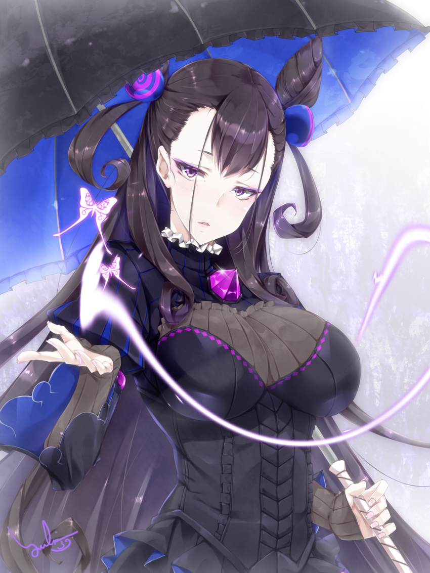 1girl black_hair breasts double_bun dress eyeliner fate/grand_order fate_(series) hair_ornament highres long_hair looking_at_viewer makeup murasaki_shikibu_(fate) parted_lips purple_eyes sleeves_past_wrists solo umbrella yukinon_(tsuki_koubou)