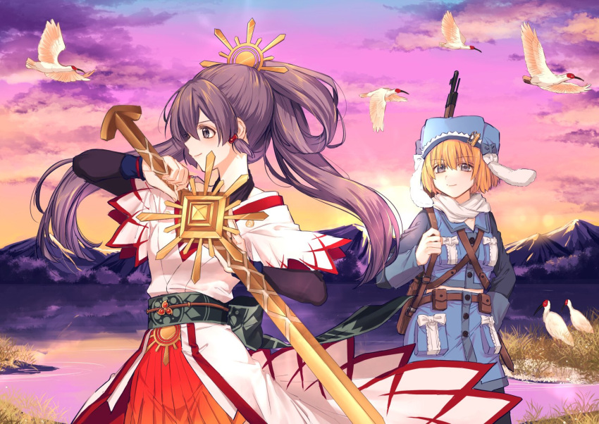 2girls armor bird crane_(animal) grey_hair gun hair_rings hat highres holding holding_sword holding_weapon japanese_clothes layered_sleeves long_hair long_sleeves magia_record:_mahou_shoujo_madoka_magica_gaiden magical_girl mahou_shoujo_madoka_magica military military_hat military_uniform miura_asahi multiple_girls nature official_alternate_costume orange_hair outdoors ponytail purple_eyes short_hair short_over_long_sleeves short_sleeves sword tokime_shizuka tokime_shizuka_(hatsuhinode_ver.) uniform weapon yukishiro_(hitsuji)