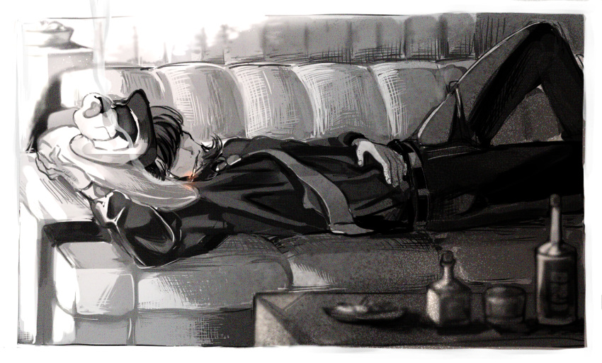 1boy alcohol beard black_hair cigarette commentary_request couch facial_hair formal hat jigen_daisuke light lupin_iii male_focus meppi necktie on_couch pillow short_hair smoke smoking suit table