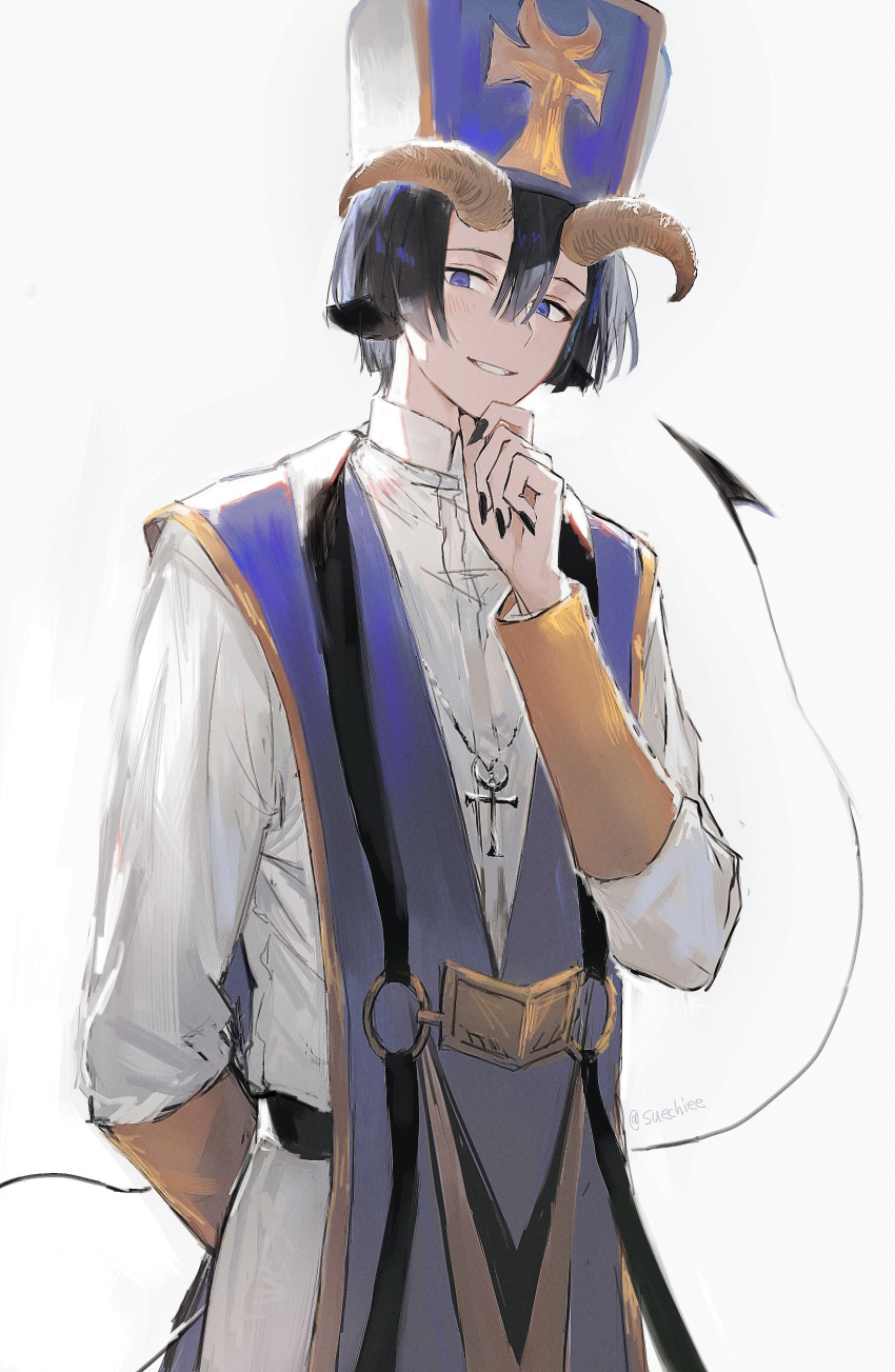 1boy absurdres animal_ears arm_behind_back black_nails blue_eyes blue_hair commentary_request demon_cleric demon_tail fingernails goat_boy goat_ears goat_horns grey_background hand_on_own_face hat highres horns long_fingernails male_focus maou-jou_de_oyasumi short_hair simple_background smile solo suechiee tail