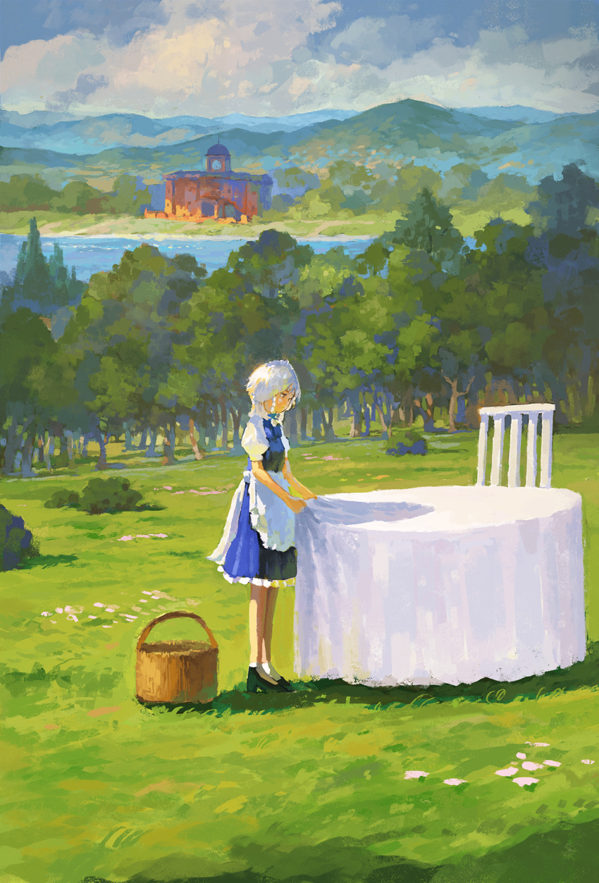 1girl apron basket blue_skirt blue_vest bow bush chair closed_mouth cloud cloudy_sky fjsmu from_side hair_bow high_heels highres holding_cloth izayoi_sakuya maid maid_headdress mansion medium_hair outdoors painterly puffy_short_sleeves puffy_sleeves river scarlet_devil_mansion scenery shirt short_sleeves skirt sky socks solo table tablecloth touhou tree vest waist_apron white_apron white_hair white_shirt white_socks wide_shot