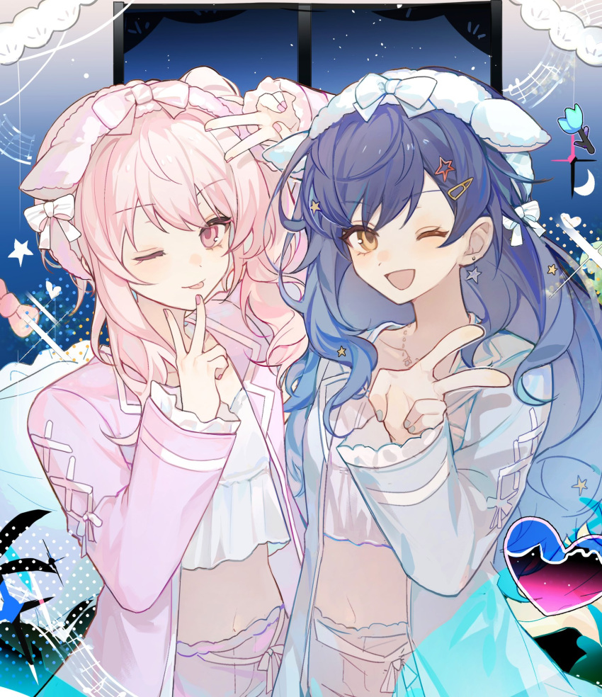 1girl 1other :d ;p akiyama_mizuki animal_ears blue_hair blue_jacket blue_shorts bow commentary cropped_shirt cross-laced_sleeves fake_animal_ears gradient_hair hair_ornament hairband hairclip highres hisakawa_sora jacket long_hair long_sleeves multicolored_hair one_eye_closed open_mouth pink_eyes pink_hair pink_jacket pink_shorts project_sekai ribbon sheep_ears shiraishi_an shirt shorts side_ponytail sitting sleepwear smile star_(symbol) star_hair_ornament tongue tongue_out v white_bow white_hairband white_ribbon white_shirt wool yellow_eyes