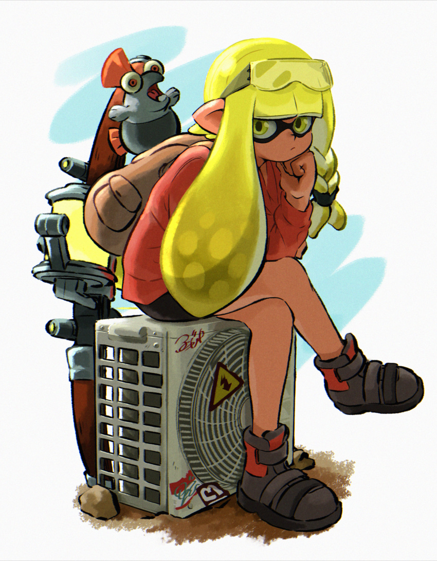 1girl absurdres appleq backpack bag bangs bike_shorts blonde_hair blunt_bangs braid bulging_eyes closed_mouth gun hand_on_own_chin hand_up head_rest highres inkling inkling_girl looking_at_viewer orange_sweater salmonid single_braid sitting splatoon_(series) splatoon_3 squid sweater tentacle_hair weapon yellow_eyes