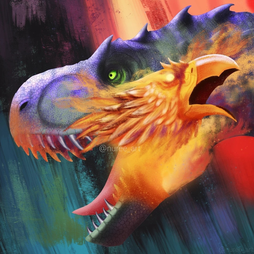 abstract_background avian beak bird dinosaur fangs feral fire green_eyes looking_at_another male nuree_art open_mouth reptile scalie solo surreal theropod tyrannosaurid tyrannosaurus tyrannosaurus_rex