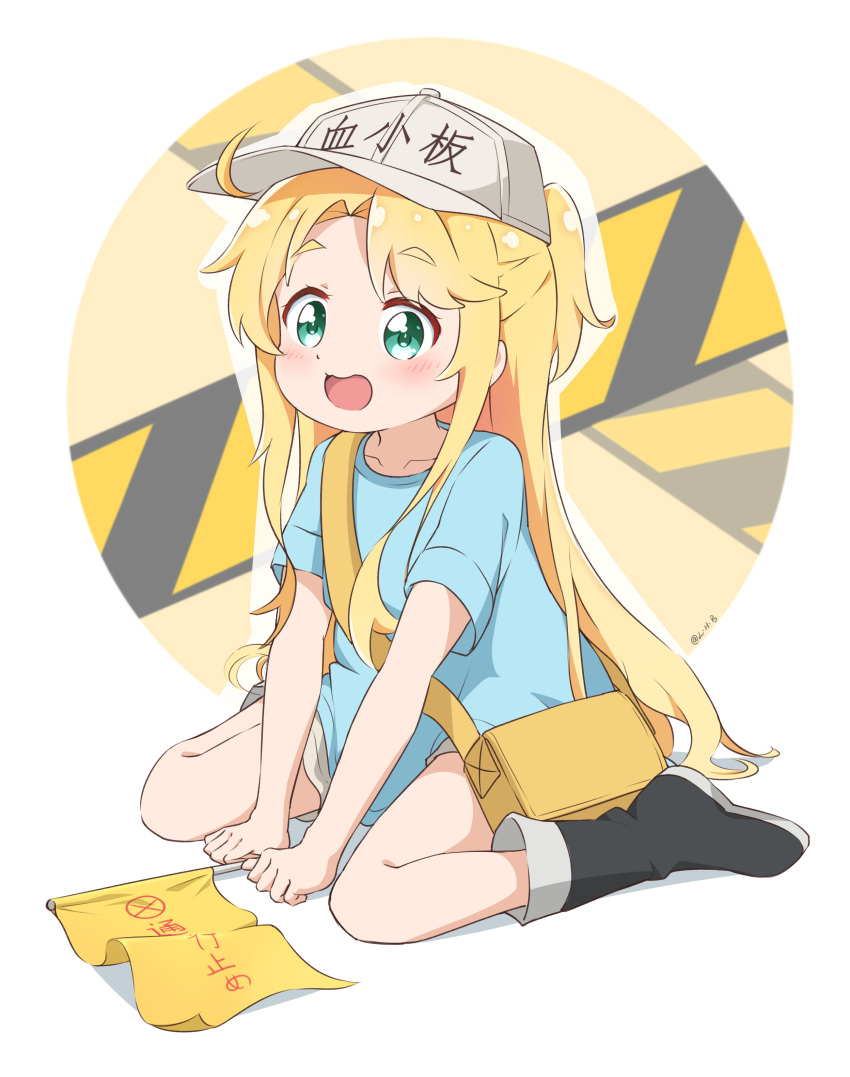 1girl absurdres ahoge bangs black_footwear blonde_hair blue_shirt blush boots child collarbone commentary_request cosplay green_eyes hat hataraku_saibou highres himesaka_noa long_hair painter-lhb parted_bangs platelet_(hataraku_saibou) platelet_(hataraku_saibou)_(cosplay) shirt short_sleeves shorts sitting smile solo very_long_hair wariza watashi_ni_tenshi_ga_maiorita! white_background white_headwear white_shorts yellow_bag