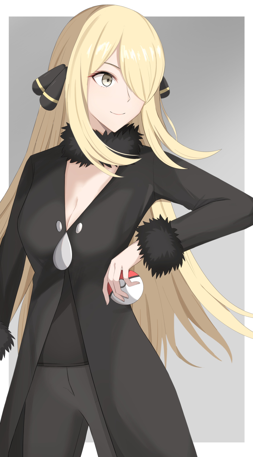 1girl absurdres black_pants black_shirt blonde_hair border breasts cleavage closed_mouth cynthia_(pokemon) facing_viewer fur_collar fur_trim hahuyu_huyuzora hair_ornament hair_over_one_eye highres holding holding_poke_ball long_hair looking_to_the_side medium_breasts pants poke_ball poke_ball_(basic) pokemon pokemon_(game) pokemon_dppt shirt smile solo very_long_hair white_border yellow_eyes