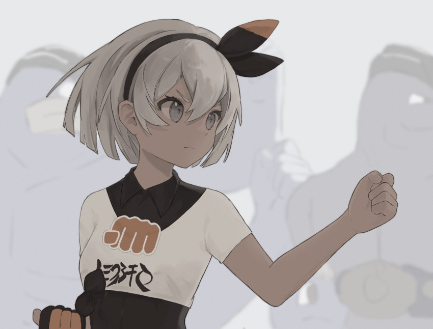 1girl bangs bea_(pokemon) black_bodysuit black_hairband bodysuit bodysuit_under_clothes bow_hairband closed_mouth collared_shirt commentary frown gloves grey_eyes grey_hair hair_between_eyes hairband hand_up highres machamp machoke partially_fingerless_gloves pokemon pokemon_(game) pokemon_swsh print_shirt rcs_4 shirt short_hair short_sleeves single_glove