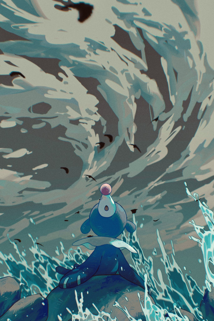 :o cloud commentary head_back highres looking_up no_humans open_mouth outdoors pokemon pokemon_(creature) popplio rock sky solo symbol-only_commentary water wulie_errr