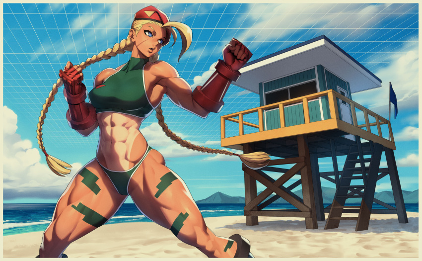 1girl abs ahoge antenna_hair beach beret blonde_hair bodypaint braid breasts cammy_white capcom fighting_stance fingerless_gloves gloves hat highres medium_breasts muscular muscular_female ogami scar solo sports_bikini street_fighter tan tanlines thighs twin_braids